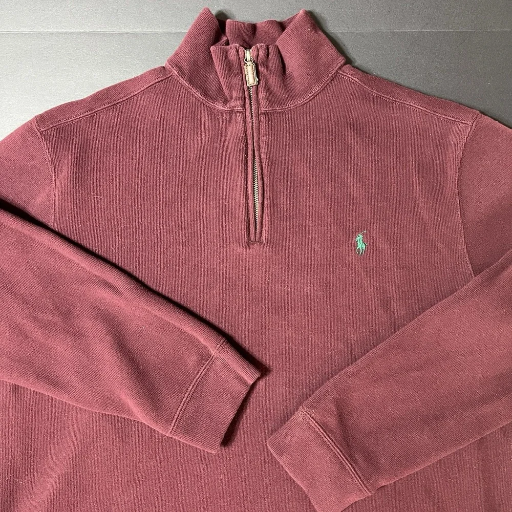 Polo Ralph Lauren Mens L Burgundy Quarter Zip Sweater 100% Cotton Vintage Preppy
